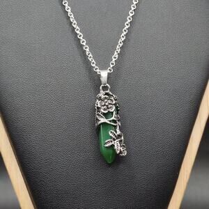 925 Silver Necklace W/ Green Jade Crytsal Boho Floral Vine Women's Fashion Gift